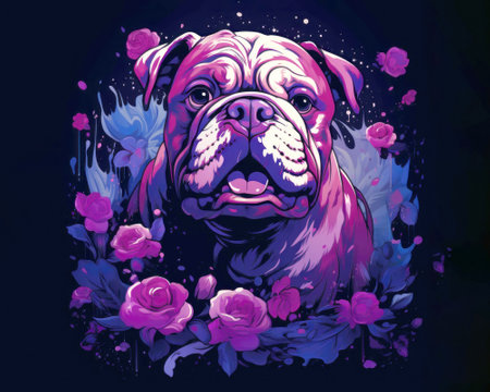 Illustrated Bulldog enveloped by a burst of pink roses on a dark background, ideal for t-shirt print, tee, sweatshirt, greeting cardの素材