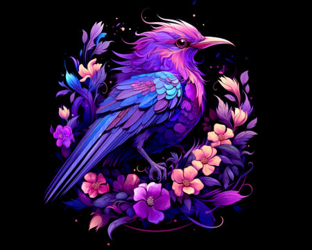 Artistic neon depiction of a bird with floral embellishments, ideal for t-shirt print, tee, sweatshirt, greeting cardの素材