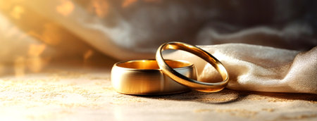 Two golden wedding rings resting on a silky fabric with a warm, soft glowの素材