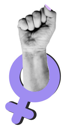 Collage element human hand raised with female symbol isolated on transparent background. Halftone sticker with female fist for International womens day, gender equality concept. Vector illustrationのイラスト素材