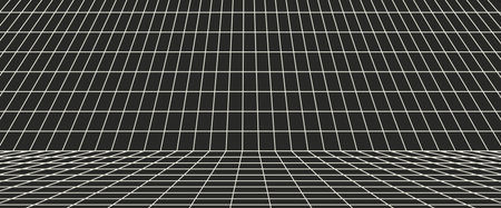 Muted white distorted grid perspective banner isolated on black background. 90s, 2000s retro style vaporwave, wireframe, futuristic backdrop. Trendy vector illustrationのイラスト素材