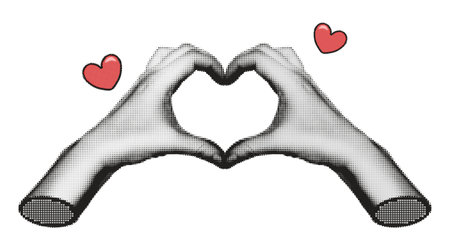 Hands making heart gesture pixel art. Halftone female hands making love sign dotted collage elements. Trendy modern retro 90s style vector illustration isolated on transparent backgroundのイラスト素材