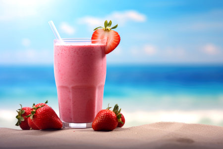 Refreshing strawberry smoothie on sandy beach with sea view and copy spaceの素材
