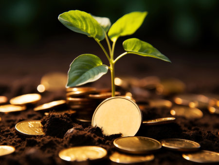Young plant growing among coins, metaphor for investment and growthの素材