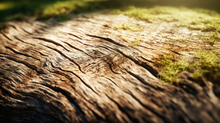 Sunlit close up of wood bark texture with green moss detailsの素材