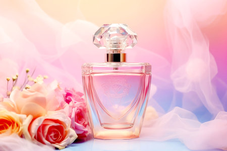 A stylish perfume bottle surrounded by soft roses on a rainbow pastel backgroundの素材