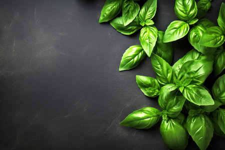 Green basil leaves spread on a dark slate backgroundの素材