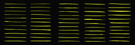 Set of neon yellow underlines and strikethrough doodle lines. Collection of various simple sketch dividers, emphasis, ink pen, marker style. Scribble vector illustration isolated on black backgroundのイラスト素材