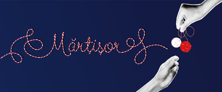 Martisor banner template with Romanian text. One hand giving to other Moldavian and Bulgarian spring and March talisman. Modern retro halftone collage vector illustrationのイラスト素材
