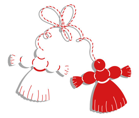 Martenitsa traditional symbol of spring. Bulgarian and Macedonian March talisman. Red and white martisor hanging on strings. Flat vector illustration isolated on transparent backgroundのイラスト素材