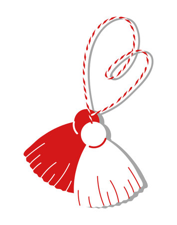 Martisor traditional symbol of spring. Romanian and Moldavian March talisman. Red and white accessory hanging on strings. Flat vector illustration isolated on transparent backgroundのイラスト素材