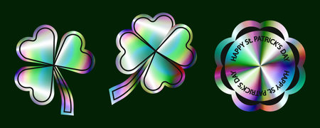 Iridescent holographic foil neon rainbow colored St. Patricks day stickers set with shamrock and four leaf clover leaf. Trendy y2k vector illustration isolated on dark green backgroundのイラスト素材