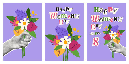Happy Womens day art collage greeting cards set. Halftone hand holding doodle bouquet of spring flowers and cut out text. IWD modern retro posters, vertical banners. Vector illustrationのイラスト素材
