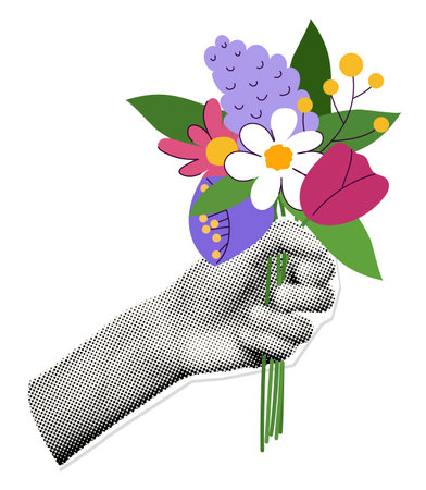 Halftone hand holding bouquet of doodle flowers art collage element. Trendy modern retro sticker for Womens day, Mothers day, Birthday. Vector illustration isolated on transparent backgroundのイラスト素材