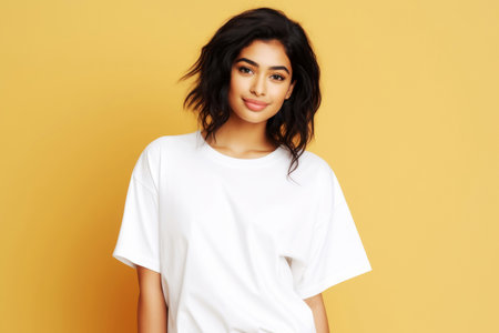 Simple white t-shirt on a young Latin woman for design mockupの素材