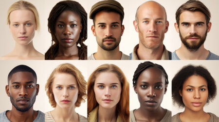 A collage of diverse adult faces showing a variety of expressions and ethnicitiesの素材
