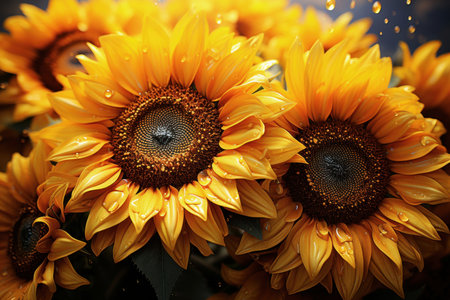 Vibrant sunflowers with morning dew dropsの素材