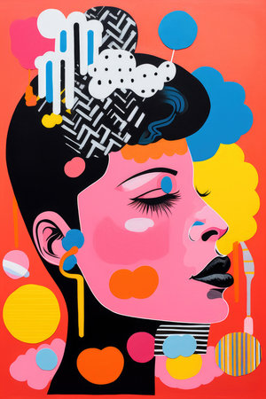 Stylized female profile with vibrant abstract elements in pop artの素材