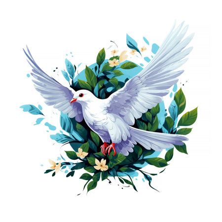 Illustration of a white dove in mid flight, surrounded by lush flowers and leaves illustration isolated on white background, ideal for t-shirt print, tee, sweatshirt, greeting cardの素材