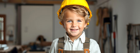 Adorable young child wearing a hard hat, playing builderの素材