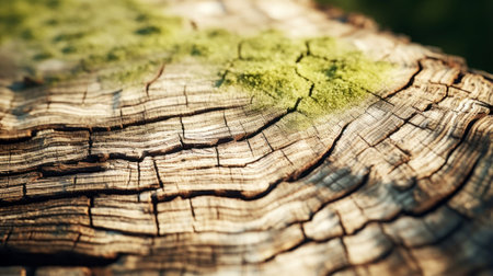 Close-up of a tree stump showing detailed rings and mossの素材