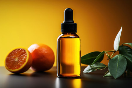 Amber bottle of essential oil with citrus fruit and green plant leavesの素材