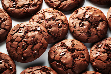 Close up of homemade chocolate chip cookies on a white surfaceの素材