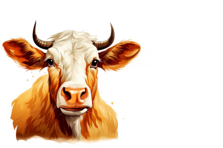 Realistic illustration of a cow with a soft gaze and warm tones. Farm animal isolated on white background with copy space, ideal for packaging, card, stickerの素材
