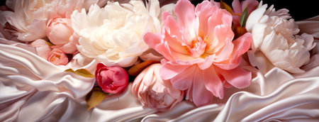 Close-up of lush peonies nestled in smooth silk fabricの素材