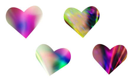 Iridescent holographic metallic foil hearts set. Trendy y2k neon rainbow colored holo stickers, clip art for for branding, packaging, prints and social media posts. Vector illustrationのイラスト素材