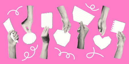Set of halftone hands holding torn blank paper notes with copy space for text. Cutout magazine of shapes, modern retro collage elements for mixed media design. Trendy y2k vector illustrationのイラスト素材