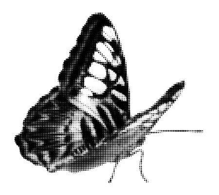 Sitting butterfly halftone collage element with grunge dotted texture. Trendy modern retro vector illustration isolated on transparent background, Ideal for branding, packaging, printsのイラスト素材