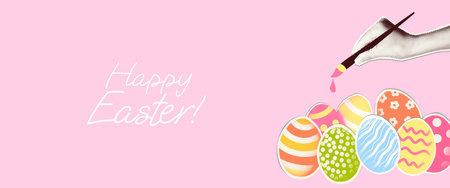 Happy Easter modern retro art collage banner template. Greeting background with cut out of magazine Easter eggs and halftone hand coloring them. Vector illustration on pink backdropのイラスト素材