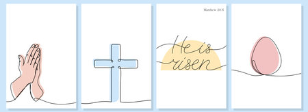 Easter one continuous line religious vertical banners set with colorful silhouettes. Praying hands, Christian cross, He is risen quote and Easter egg isolated on white background with copy spaceのイラスト素材