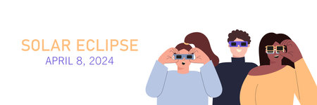 Diverse people watching total solar eclipse 2024. Horizontal banner, poster, backdrop template with copy space for text. Modern flat cartoon vector illustration isolated on white backgroundのイラスト素材