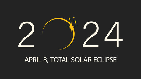 Total solar eclipse 2024 banner template with information text. Horizontal poster, card, typography design with copy space for text. Modern simple flat vector illustration on dark gray backgroundのイラスト素材