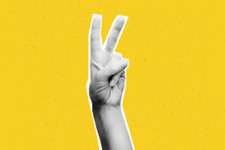 Collage element of Victory hand. Halftone hands showing piece sign against bold yellow textured background with copy space. Cut out of magazine shape. Grunge modern retro vector illustrationのイラスト素材