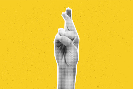 Collage element of crossed fingers hand. Halftone hand showing good luck sign, make wish. Cut out of magazine shape against yellow background with copy space. Grunge modern retro vector illustrationのイラスト素材