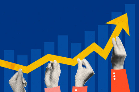 Business growth concept art collage. Halftone hands of colleagues holding rising arrow chart. Teamwork, work efficiency, partnership concept. Trendy modern retro vector illustrationのイラスト素材