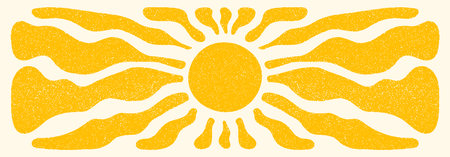 Sun groovy retro horizontal background. Sun burst hippie banner with vintage grainy texture, hand drawn abstract wavy pattern in 60s, 70s. Modern Matisse style summer vector illustrationのイラスト素材