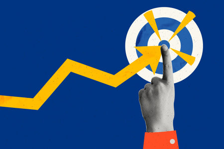 Achieve goal concept art collage. Rising arrow chart and halftone hand pointing to center of dartboard. Business goal, achieve targets, success. Trendy modern retro vector illustrationのイラスト素材