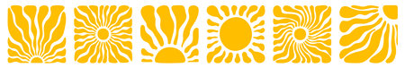 Sun groovy square design elements set. Various yellow floral hippie poster templates, hand drawn abstract wavy patterns in modern retro Matisse style. Vector illustration on transparent backgroundのイラスト素材
