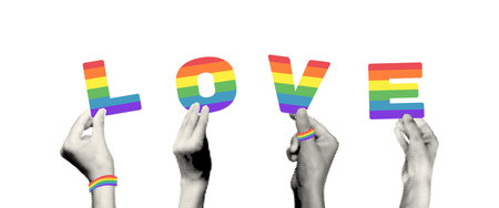 Halftone hands holding love letters in rainbow colors modern retro art collage. LGBTQ Pride month banner template with copy space for textのイラスト素材