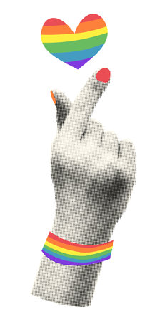 Finger heart gesture modern art collage element. Halftone hand with rainbow colored heart. LGBTQ Pride sticker, cut out from magazine shape vector illustration isolated on transparent backgroundのイラスト素材