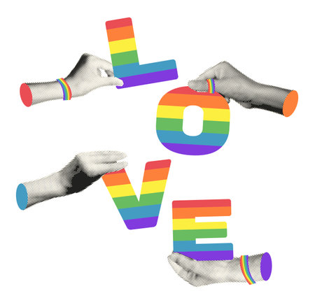 Halftone hands holding love letters in rainbow colors. Modern retro elements for collage for LGBTQ Pride month isolated on transparent background. Trendy vector illustration for mixed media designのイラスト素材