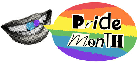 Halftone human mouth with rainbow speech bubble and cut out text Pride month. Modern retro collage element with LGBTQ symbol. Trendy vector illustration isolated on transparent backgroundのイラスト素材