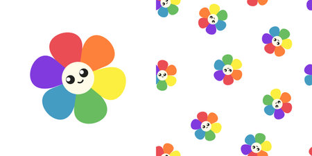 Set of rainbow flower element and seamless pattern made of flowers. LGBTQ Pride community symbol, free love cute floral sign. Flat vector illustration isolated on transparent backgroundのイラスト素材