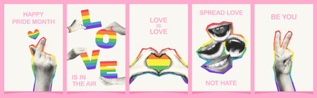 LGBTQ Pride month halftone collage vertical banners set. Grunge cut out from magazine human hands and mouths with rainbow symbol and positive slogans. Trendy modern retro vector illustrationのイラスト素材