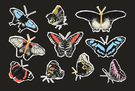 Halftone collage butterflies with doodles vector illustration isolated on dark background. Cut out of magazine shapes for mixed media designのイラスト素材