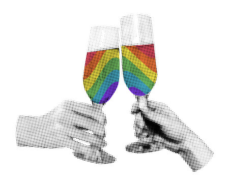 Hands holding champagne glasses celebrating Pride Month halftone art collage. Cutout of magazine shapes, LGBT rainbow sticker. Modern retro vector illustration isolated on transparent backgroundのイラスト素材